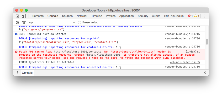 Screenshot of the web browser developer tools console showing the Cross Origin Resource Sharing error
