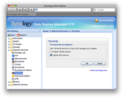 Synology Management - Terminal options page