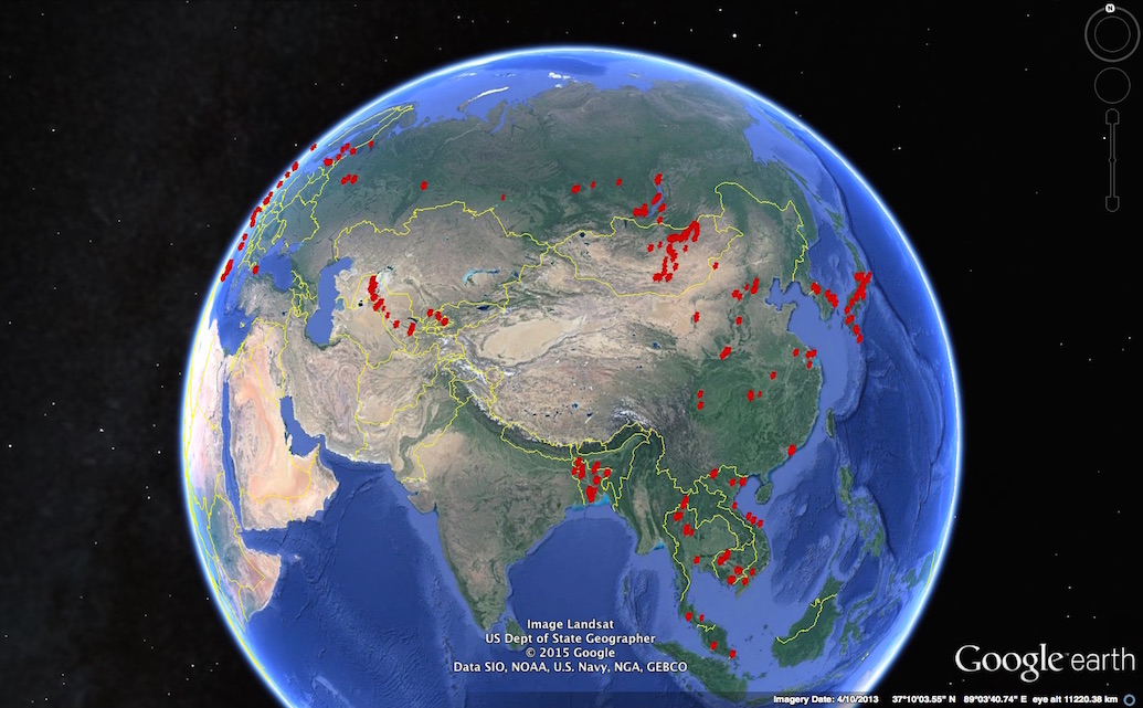 Google earth overlaid with points generated from digital photo metadata