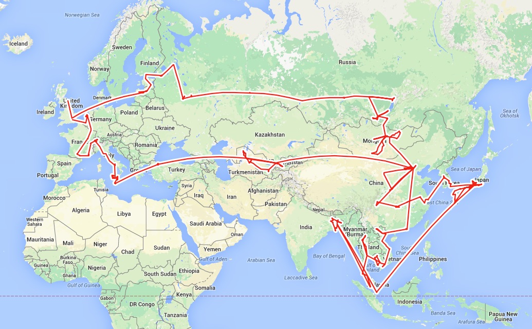 Google world map overlaid with route generated from digital photo metadata