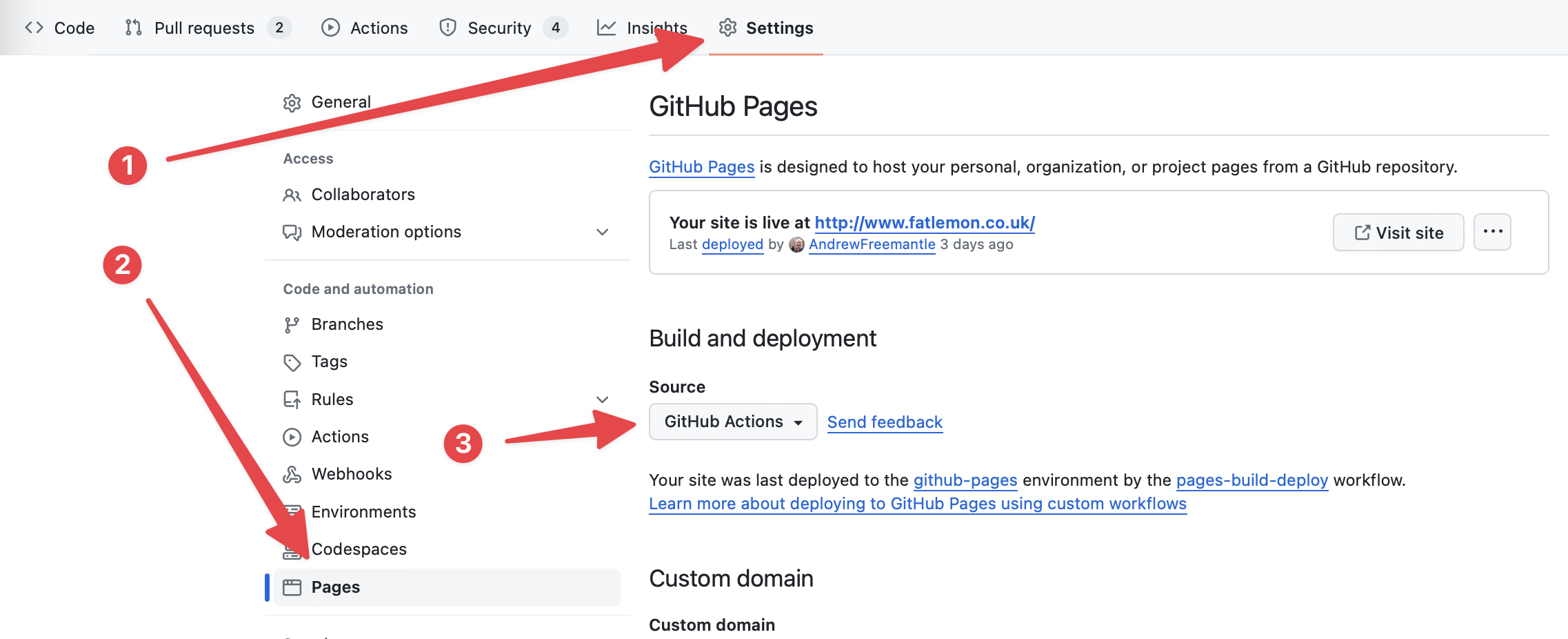 Annotated screenshot of the steps configure GitHub to use the new workflow